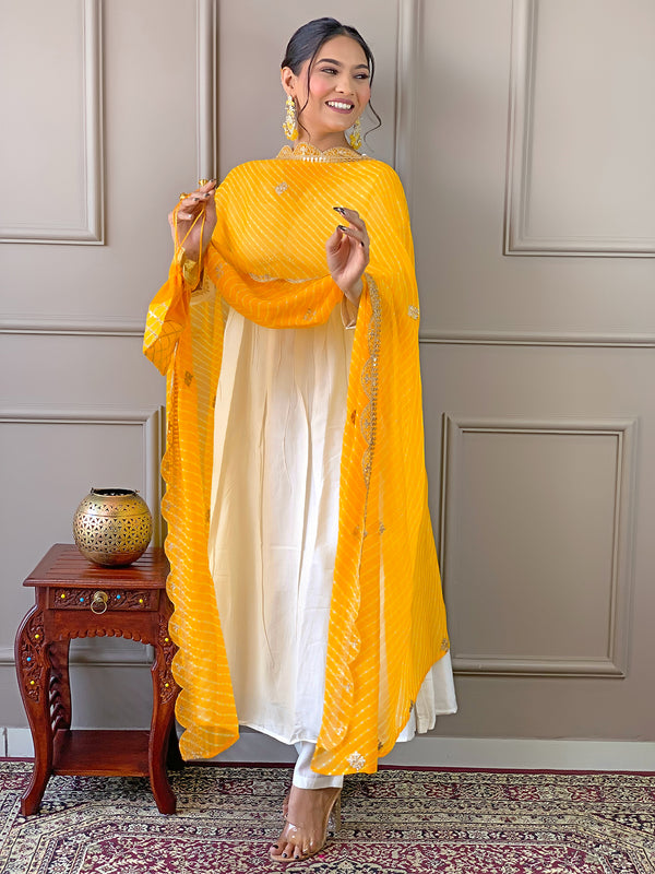 Women's Chanderi Embroidered Flared Kurta with Chanderi Pant & Silk Blend Printed Dupatta Set