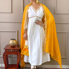 Women's Chanderi Embroidered Flared Kurta with Chanderi Pant & Silk Blend Printed Dupatta Set