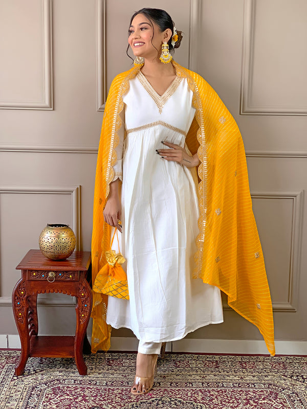 Women's Chanderi Embroidered Flared Kurta with Chanderi Pant & Silk Blend Printed Dupatta Set