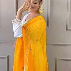 Women's Chanderi Embroidered Flared Kurta with Chanderi Pant & Silk Blend Printed Dupatta Set