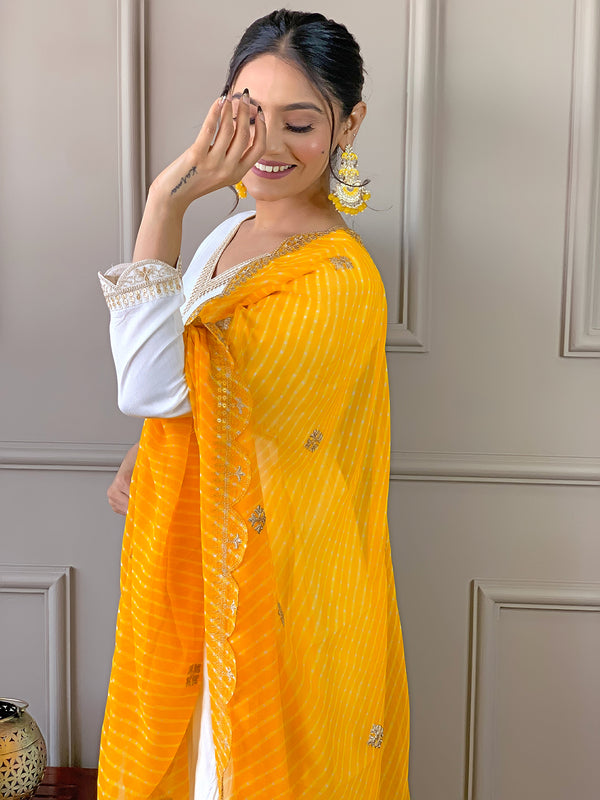Women's Chanderi Embroidered Flared Kurta with Chanderi Pant & Silk Blend Printed Dupatta Set