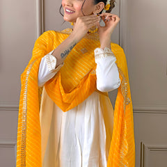 Women's Chanderi Embroidered Flared Kurta with Chanderi Pant & Silk Blend Printed Dupatta Set