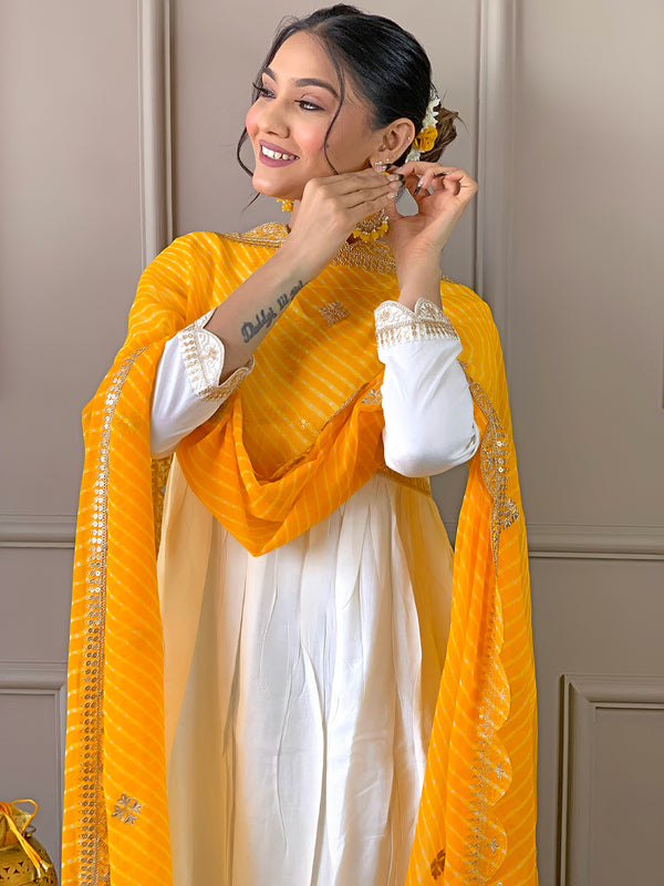 Women's Chanderi Embroidered Flared Kurta with Chanderi Pant & Silk Blend Printed Dupatta Set