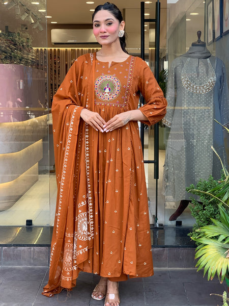 Women's Cotton Khadi Print Embroidered Kurta Pant Set With Printed Cotton Dupatta