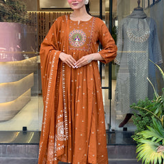 Women's Cotton Khadi Print Embroidered Kurta Pant Set With Printed Cotton Dupatta