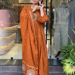 Women's Cotton Khadi Print Embroidered Kurta Pant Set With Printed Cotton Dupatta