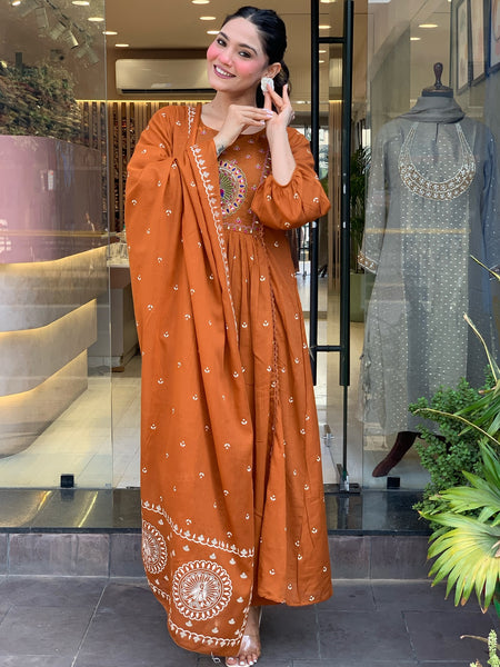 Women's Cotton Khadi Print Embroidered Kurta Pant Set With Printed Cotton Dupatta