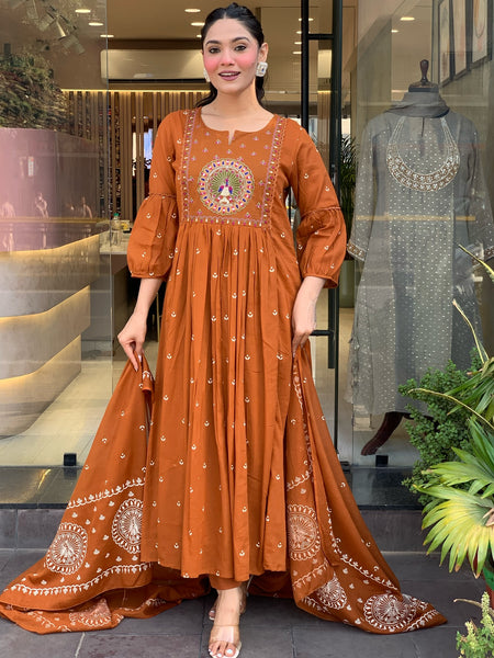 Women's Cotton Khadi Print Embroidered Kurta Pant Set With Printed Cotton Dupatta