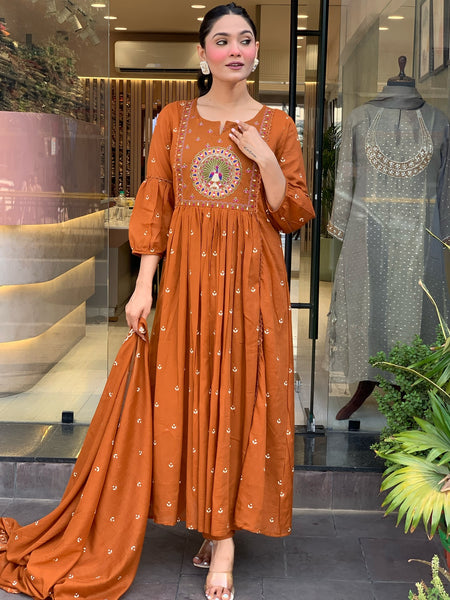 Women's Cotton Khadi Print Embroidered Kurta Pant Set With Printed Cotton Dupatta