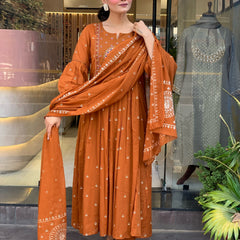 Women's Cotton Khadi Print Embroidered Kurta Pant Set With Printed Cotton Dupatta