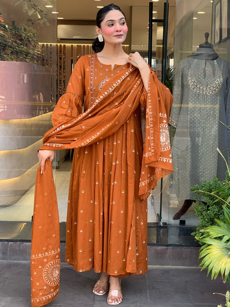 Women's Cotton Khadi Print Embroidered Kurta Pant Set With Printed Cotton Dupatta