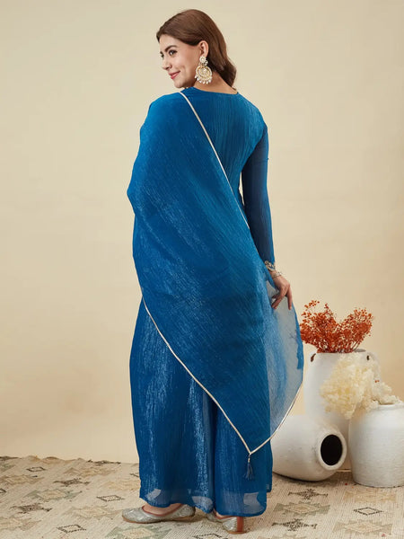 Women's Crunchy Silk Kurta With Pant & Dupatta Set