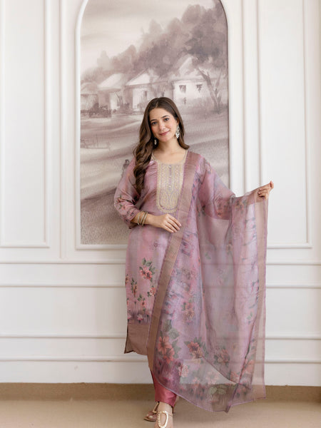Women's Viscose Jacquard Embroidered Kurta Pant & Premium Organza Dupatta Set