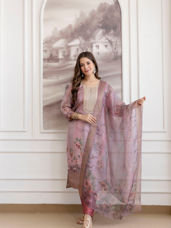 Women's Viscose Jacquard Embroidered Kurta Pant & Premium Organza Dupatta Set
