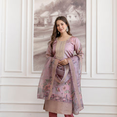 Women's Viscose Jacquard Embroidered Kurta Pant & Premium Organza Dupatta Set