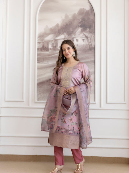 Women's Viscose Jacquard Embroidered Kurta Pant & Premium Organza Dupatta Set