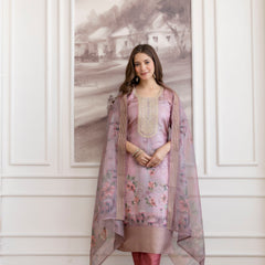 Women's Viscose Jacquard Embroidered Kurta Pant & Premium Organza Dupatta Set