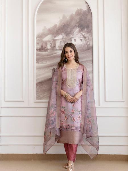 Women's Viscose Jacquard Embroidered Kurta Pant & Premium Organza Dupatta Set