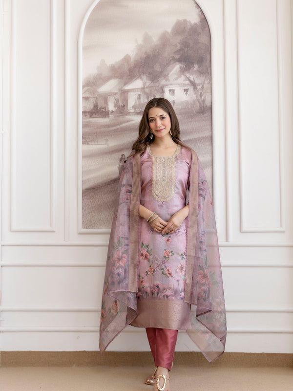 Women's Viscose Jacquard Embroidered Kurta Pant & Premium Organza Dupatta Set