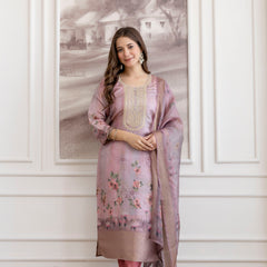 Women's Viscose Jacquard Embroidered Kurta Pant & Premium Organza Dupatta Set