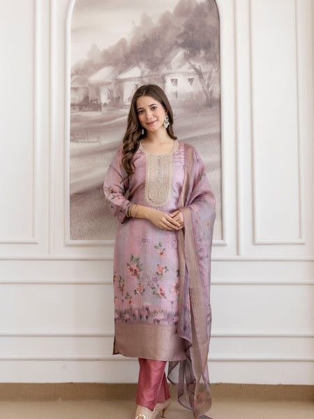 Women's Viscose Jacquard Embroidered Kurta Pant & Premium Organza Dupatta Set