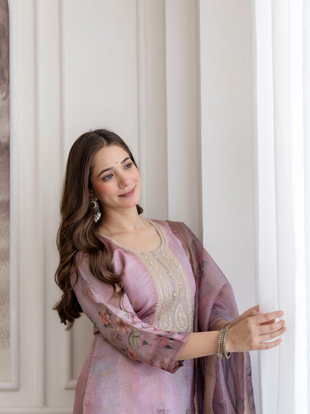 Women's Viscose Jacquard Embroidered Kurta Pant & Premium Organza Dupatta Set