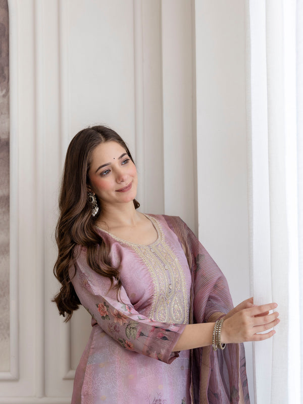 Women's Viscose Jacquard Embroidered Kurta Pant & Premium Organza Dupatta Set