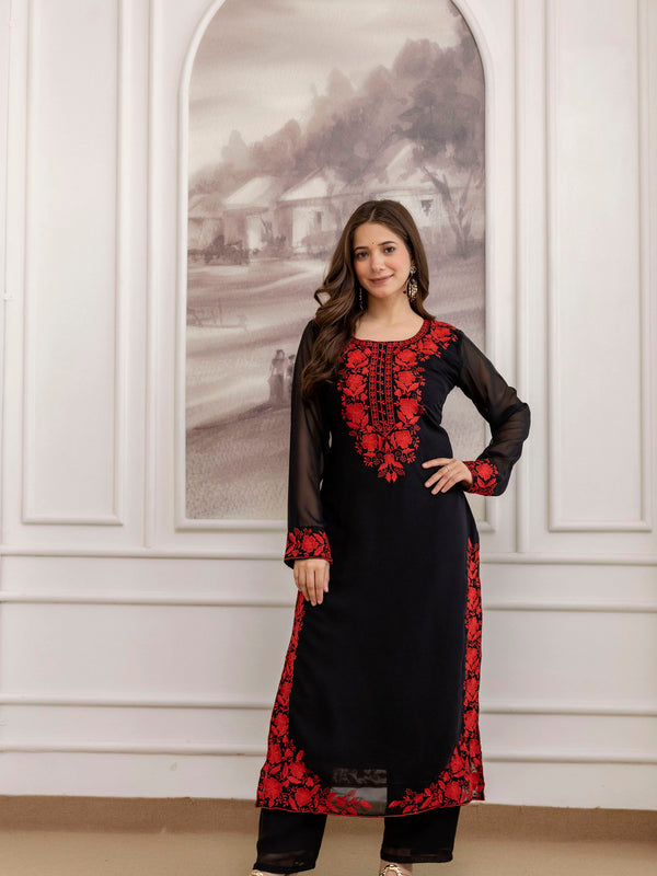 Women's Georgette Embroidered Kurta Pant & Dupatta Set