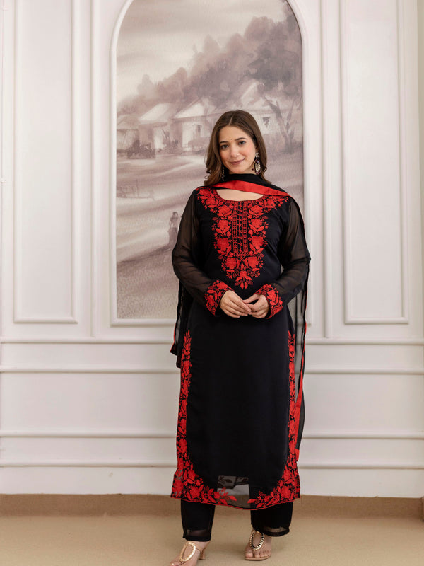 Women's Georgette Embroidered Kurta Pant & Dupatta Set