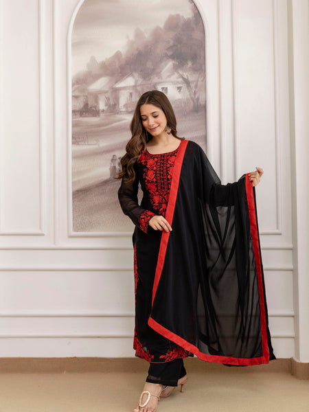 Women's Georgette Embroidered Kurta Pant & Dupatta Set