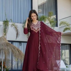 Women's Chinon Printed Kurta Pant & Organza Dupatta Set