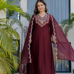 Women's Chinon Printed Kurta Pant & Organza Dupatta Set