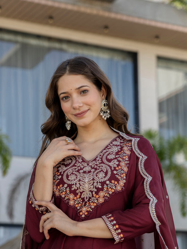 Women's Chinon Printed Kurta Pant & Organza Dupatta Set