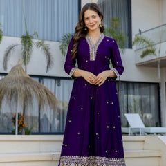 Women's Vichitra Silk Embroidered Kurta Pant Dupatta Set