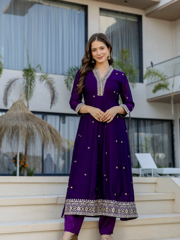 Women's Vichitra Silk Embroidered Kurta Pant Dupatta Set