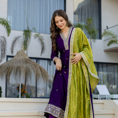 Women's Vichitra Silk Embroidered Kurta Pant Dupatta Set