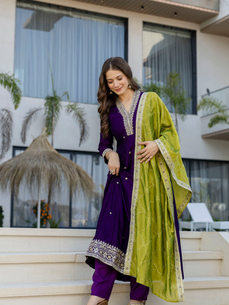 Women's Vichitra Silk Embroidered Kurta Pant Dupatta Set