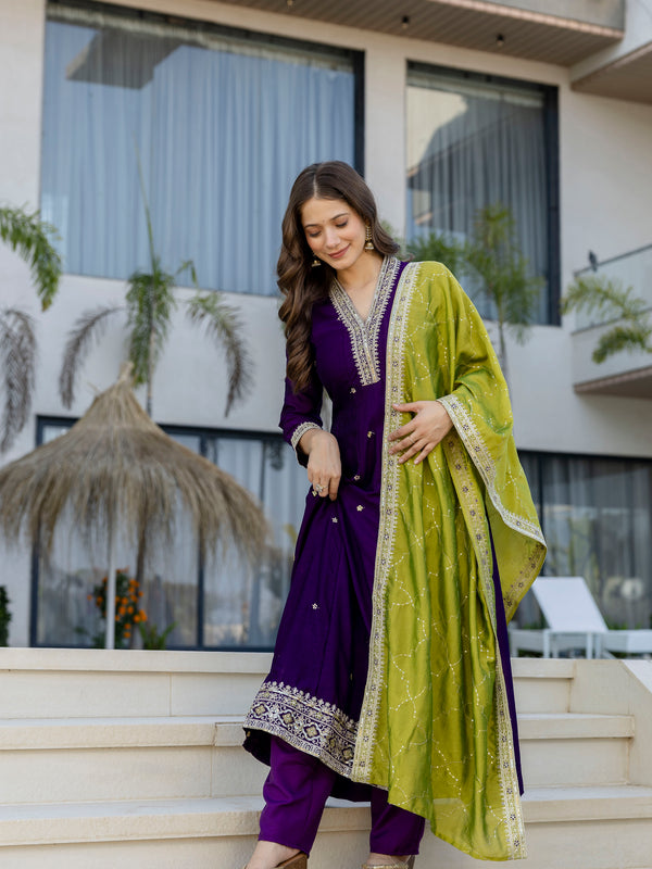 Women's Vichitra Silk Embroidered Kurta Pant Dupatta Set