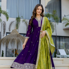 Women's Vichitra Silk Embroidered Kurta Pant Dupatta Set