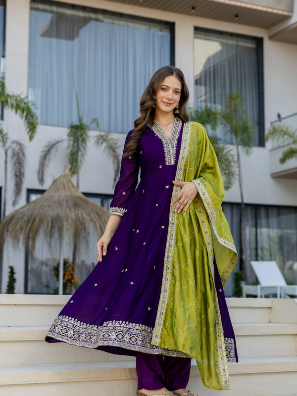 Women's Vichitra Silk Embroidered Kurta Pant Dupatta Set