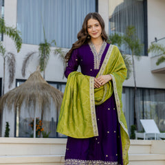 Women's Vichitra Silk Embroidered Kurta Pant Dupatta Set