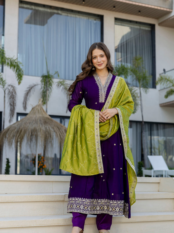 Women's Vichitra Silk Embroidered Kurta Pant Dupatta Set