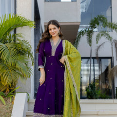 Women's Vichitra Silk Embroidered Kurta Pant Dupatta Set
