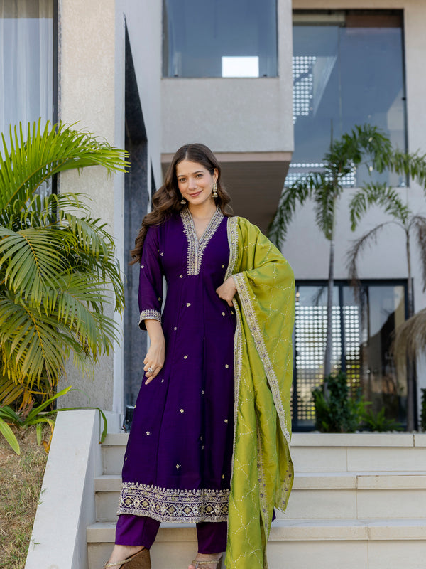 Women's Vichitra Silk Embroidered Kurta Pant Dupatta Set