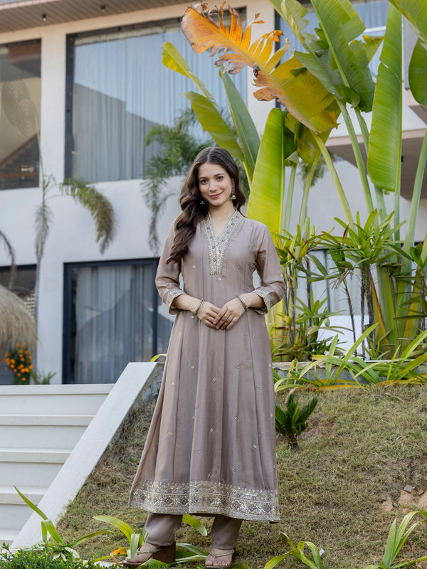 Women's Vichitra Silk Embroidered Kurta Pant Dupatta Set