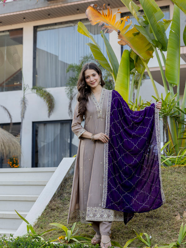 Women's Vichitra Silk Embroidered Kurta Pant Dupatta Set