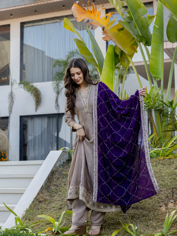 Women's Vichitra Silk Embroidered Kurta Pant Dupatta Set