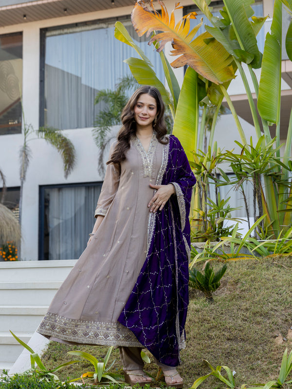 Women's Vichitra Silk Embroidered Kurta Pant Dupatta Set