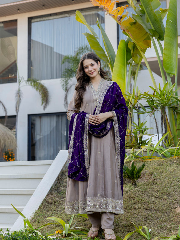 Women's Vichitra Silk Embroidered Kurta Pant Dupatta Set