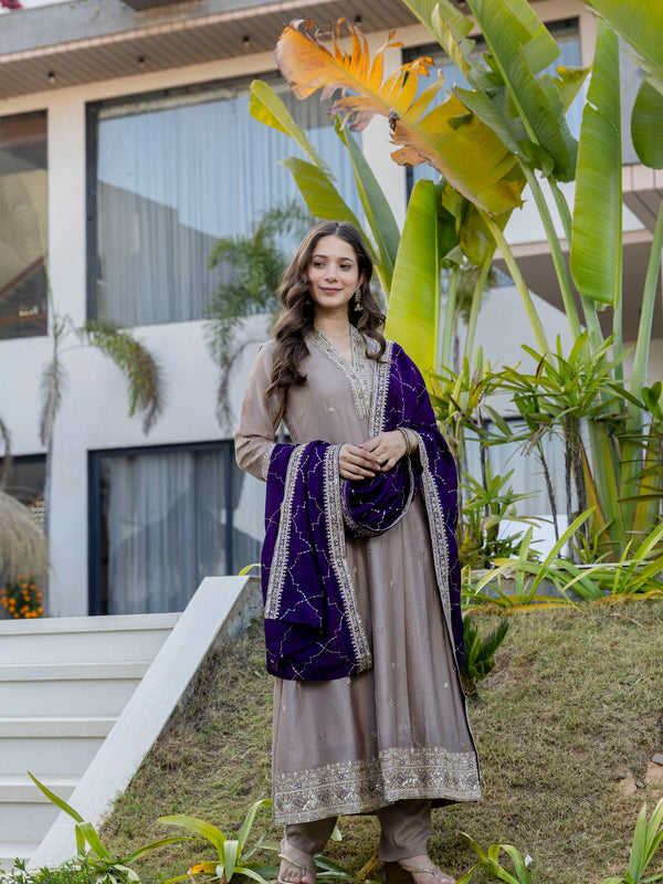 Women's Vichitra Silk Embroidered Kurta Pant Dupatta Set